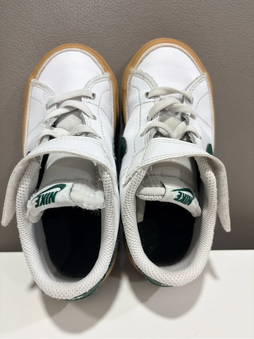 Nike Kids White Sneakers with Green Swoosh and Gum Sole